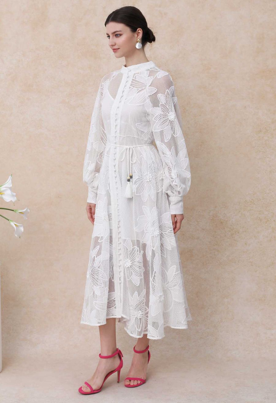 White Embroidered Floral Belted Fishnet Dress
