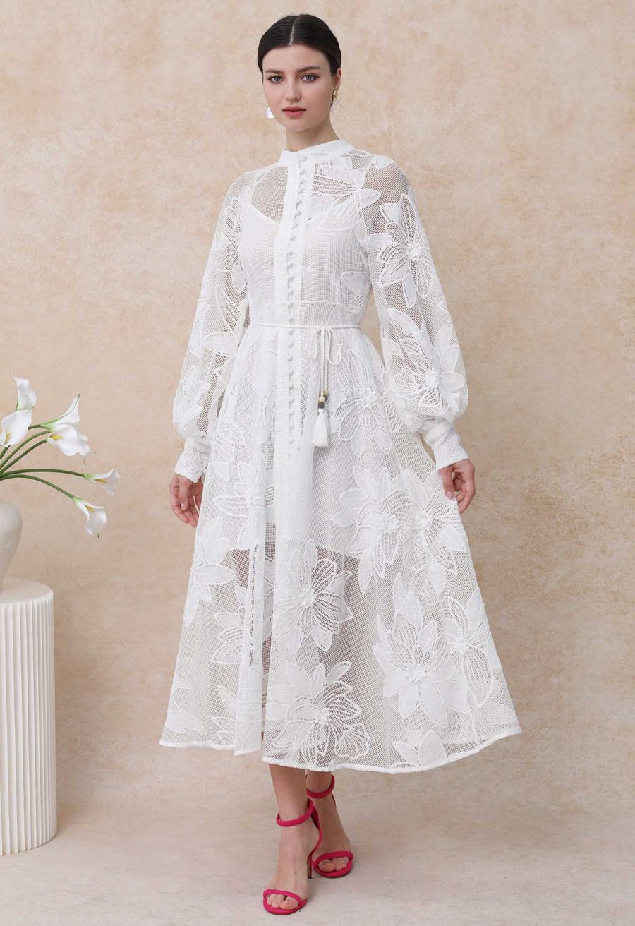 White Embroidered Floral Belted Fishnet Dress