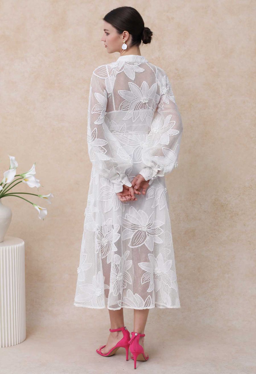 White Embroidered Floral Belted Fishnet Dress
