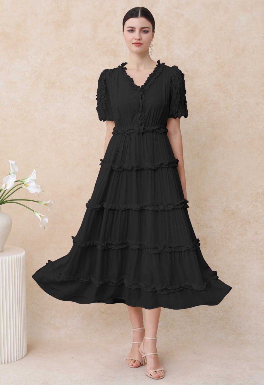 V-Neck Ruffle Embellished Tiered Dress in Black