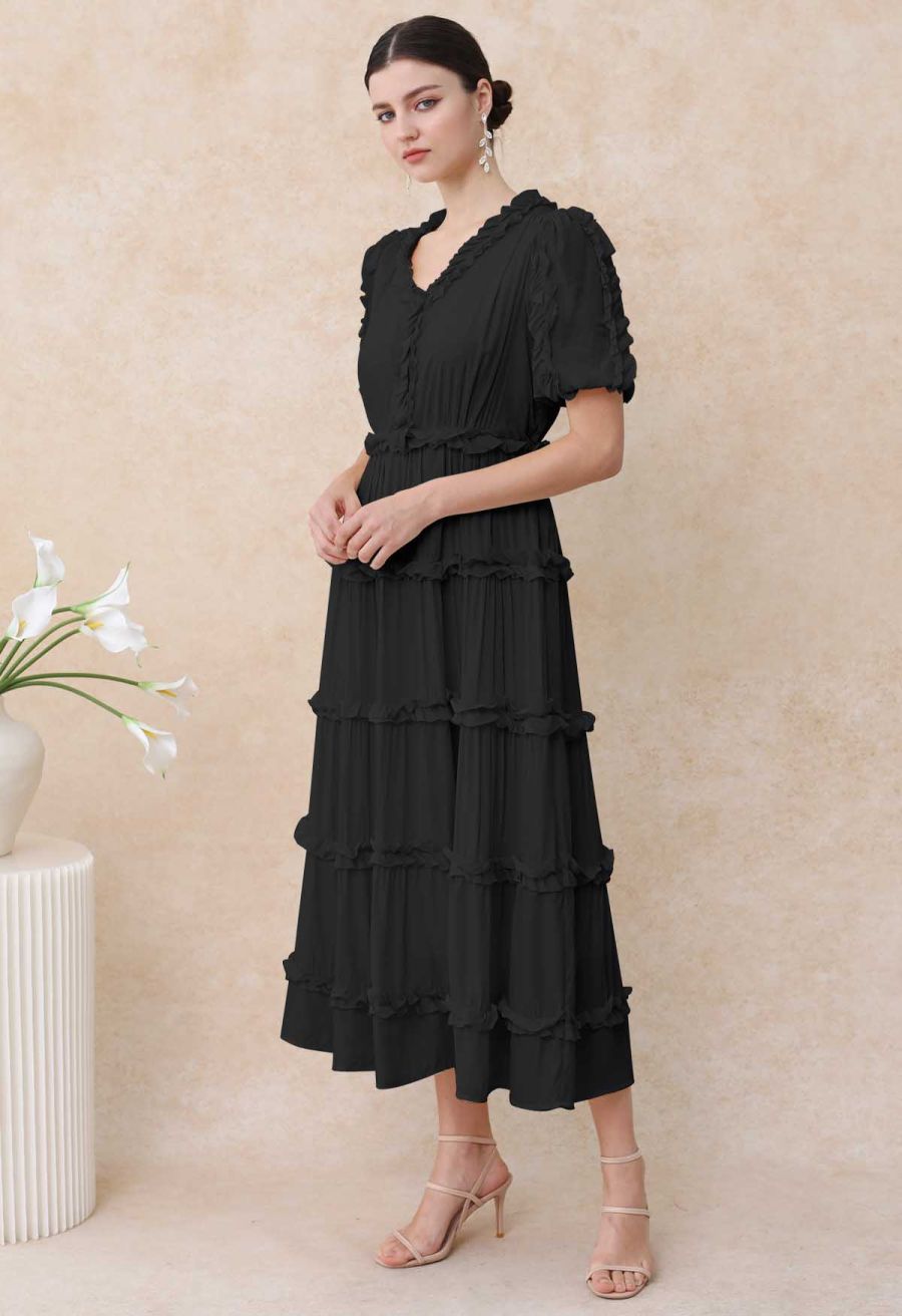 V-Neck Ruffle Embellished Tiered Dress in Black