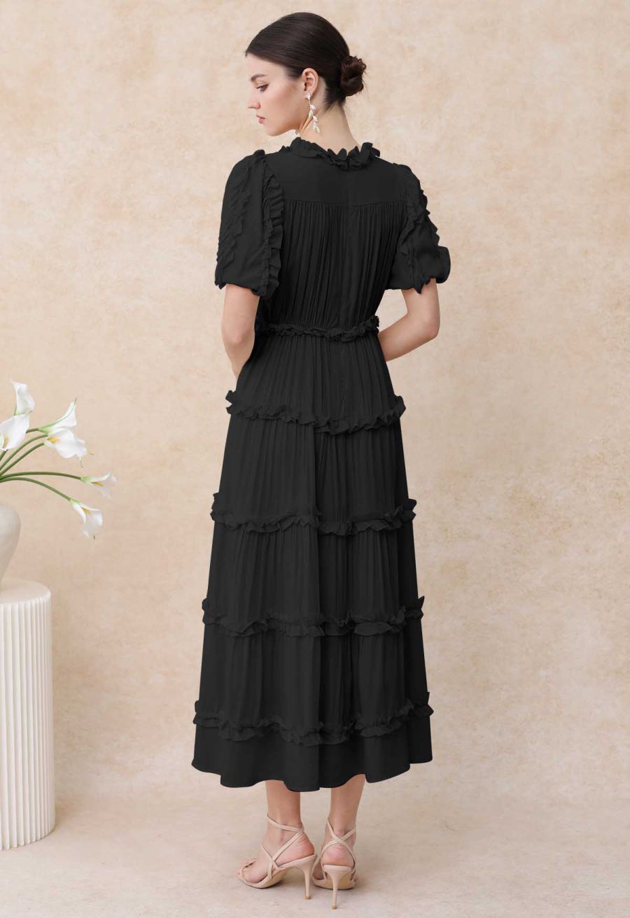 V-Neck Ruffle Embellished Tiered Dress in Black