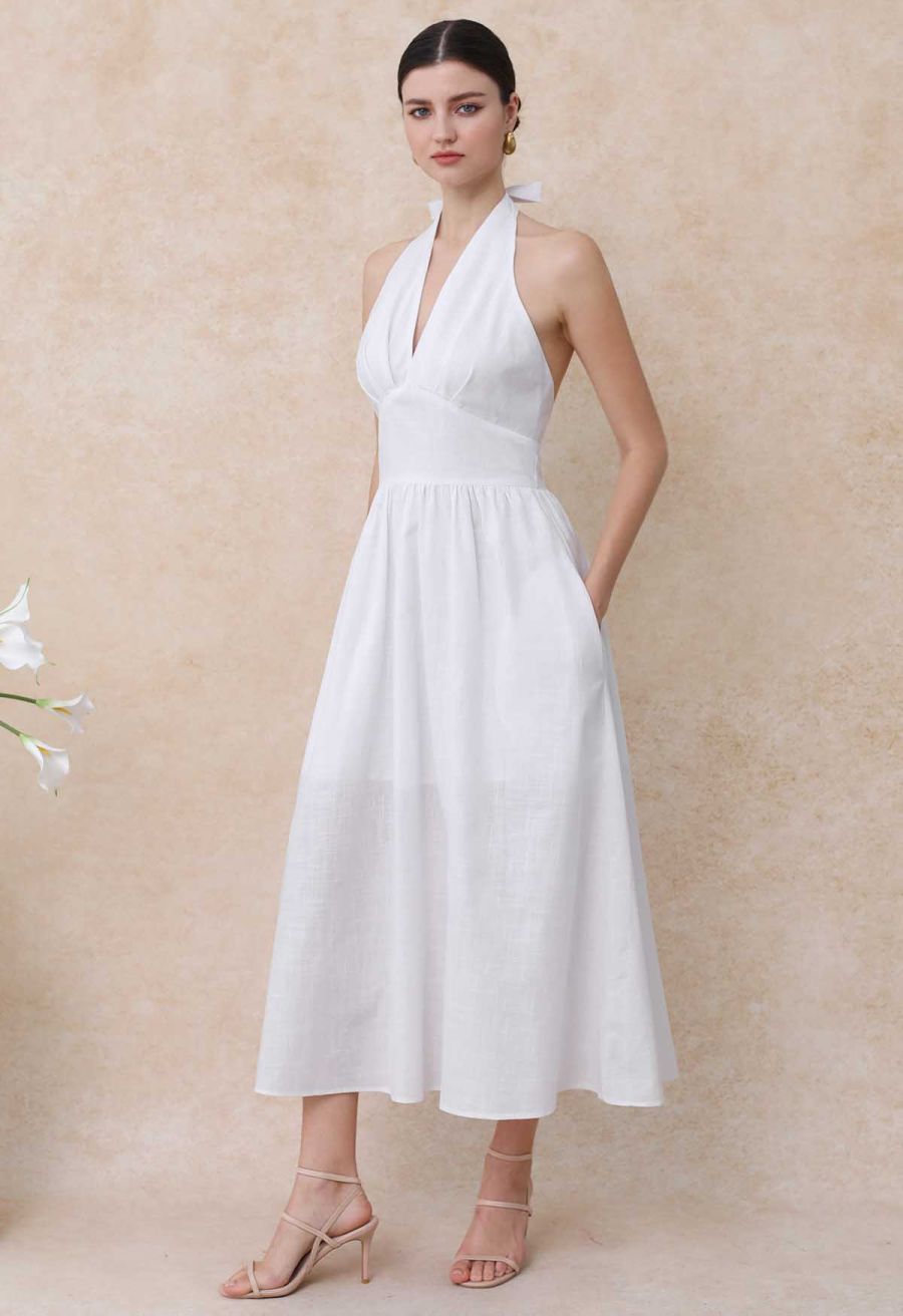 Vintage-Inspired Self-Tie Halter Neck Cotton Dress in White