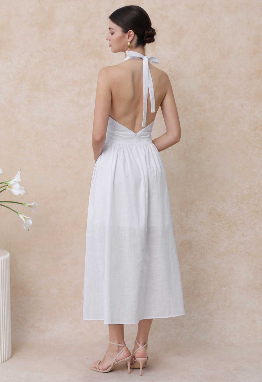 Vintage-Inspired Self-Tie Halter Neck Cotton Dress in White