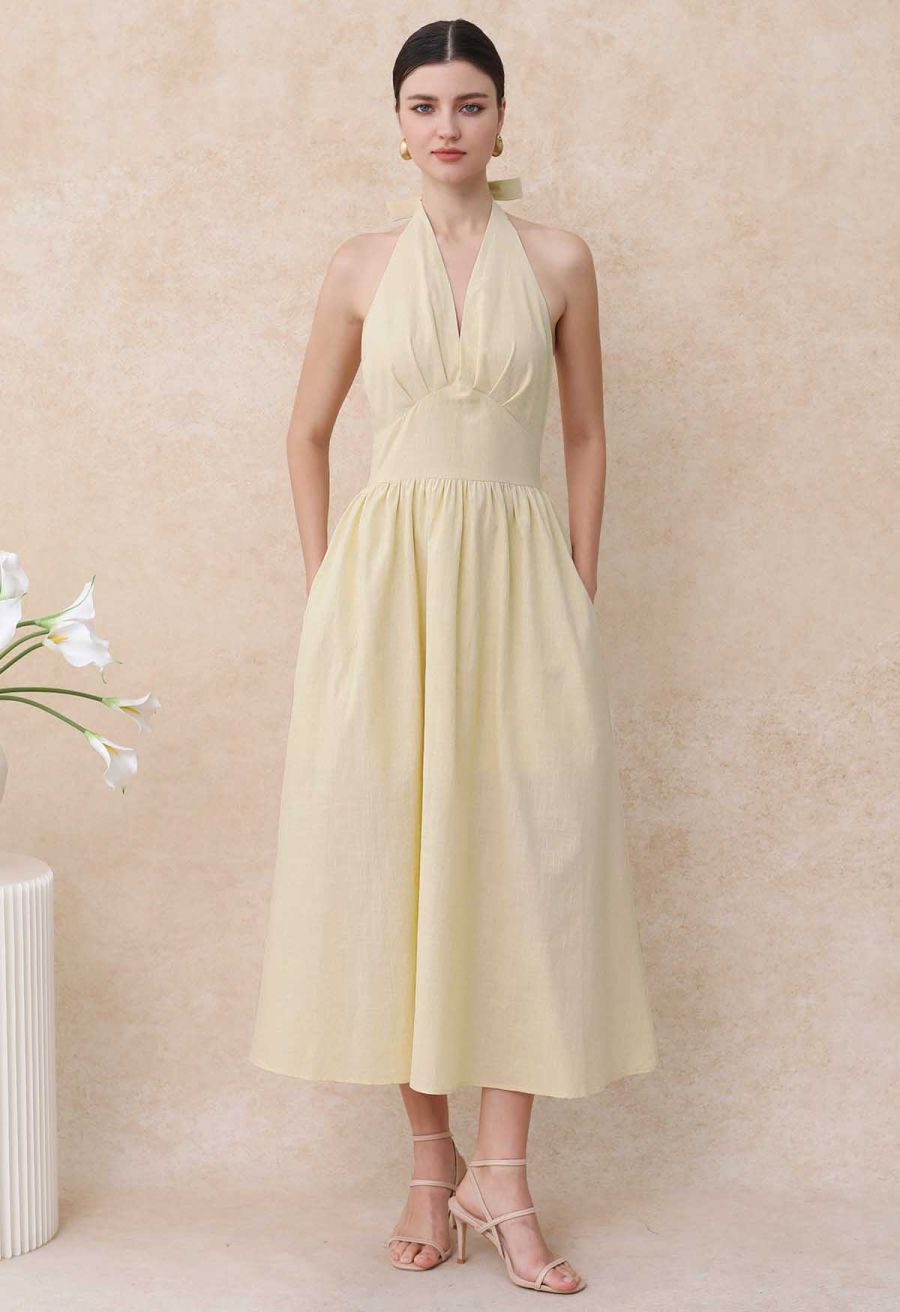 Vintage-Inspired Self-Tie Halter Neck Cotton Dress in Light Yellow