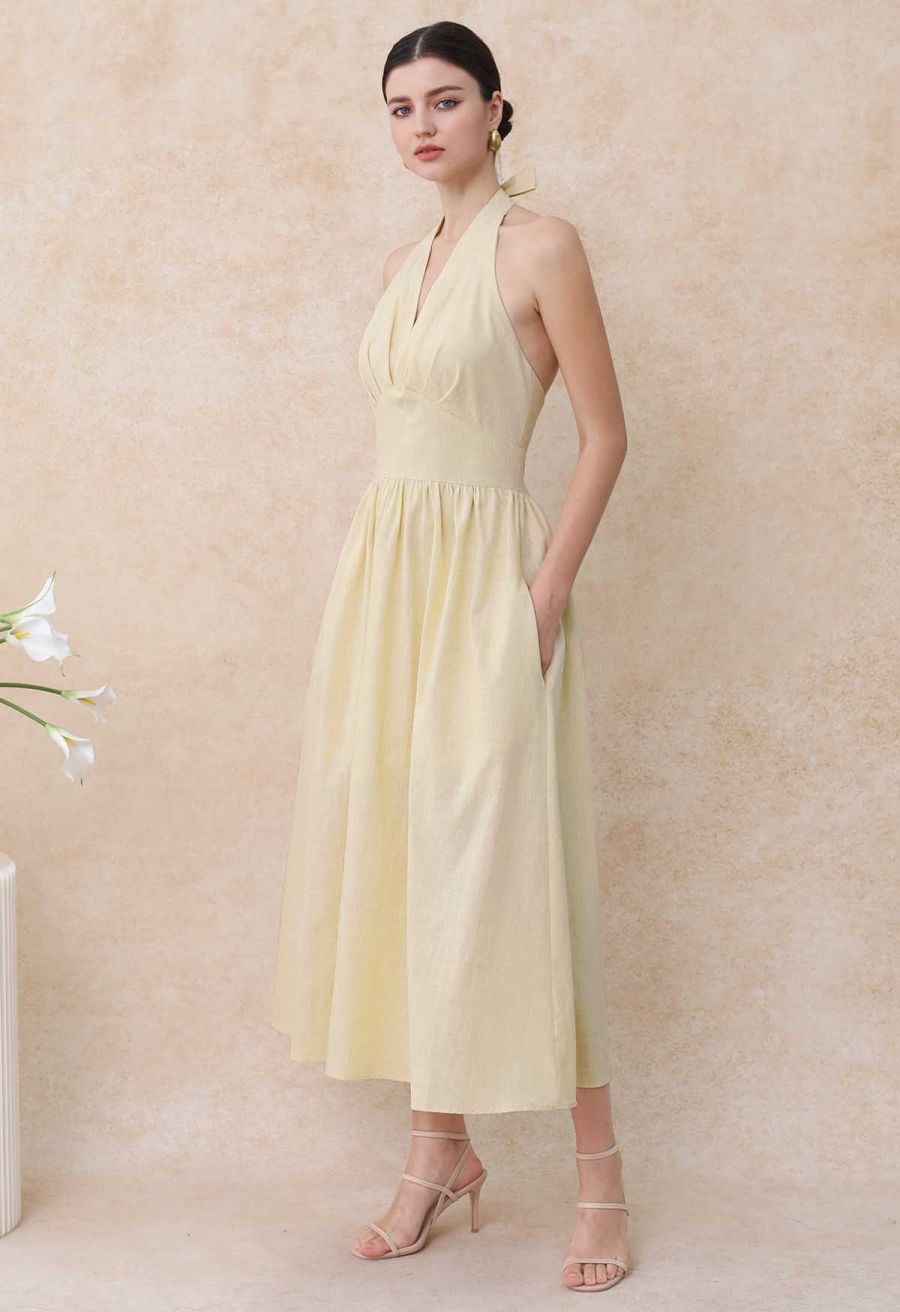 Vintage-Inspired Self-Tie Halter Neck Cotton Dress in Light Yellow