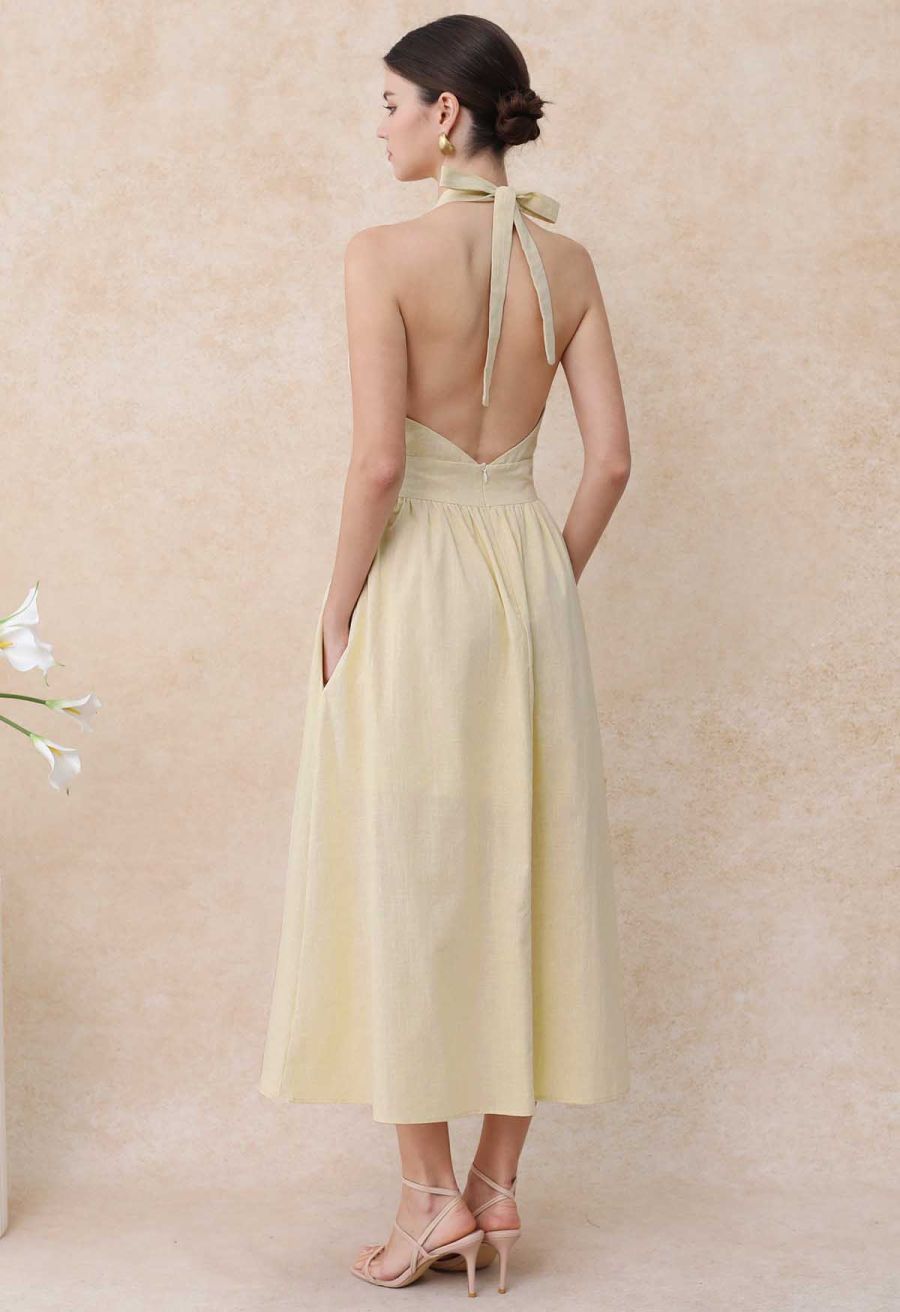 Vintage-Inspired Self-Tie Halter Neck Cotton Dress in Light Yellow