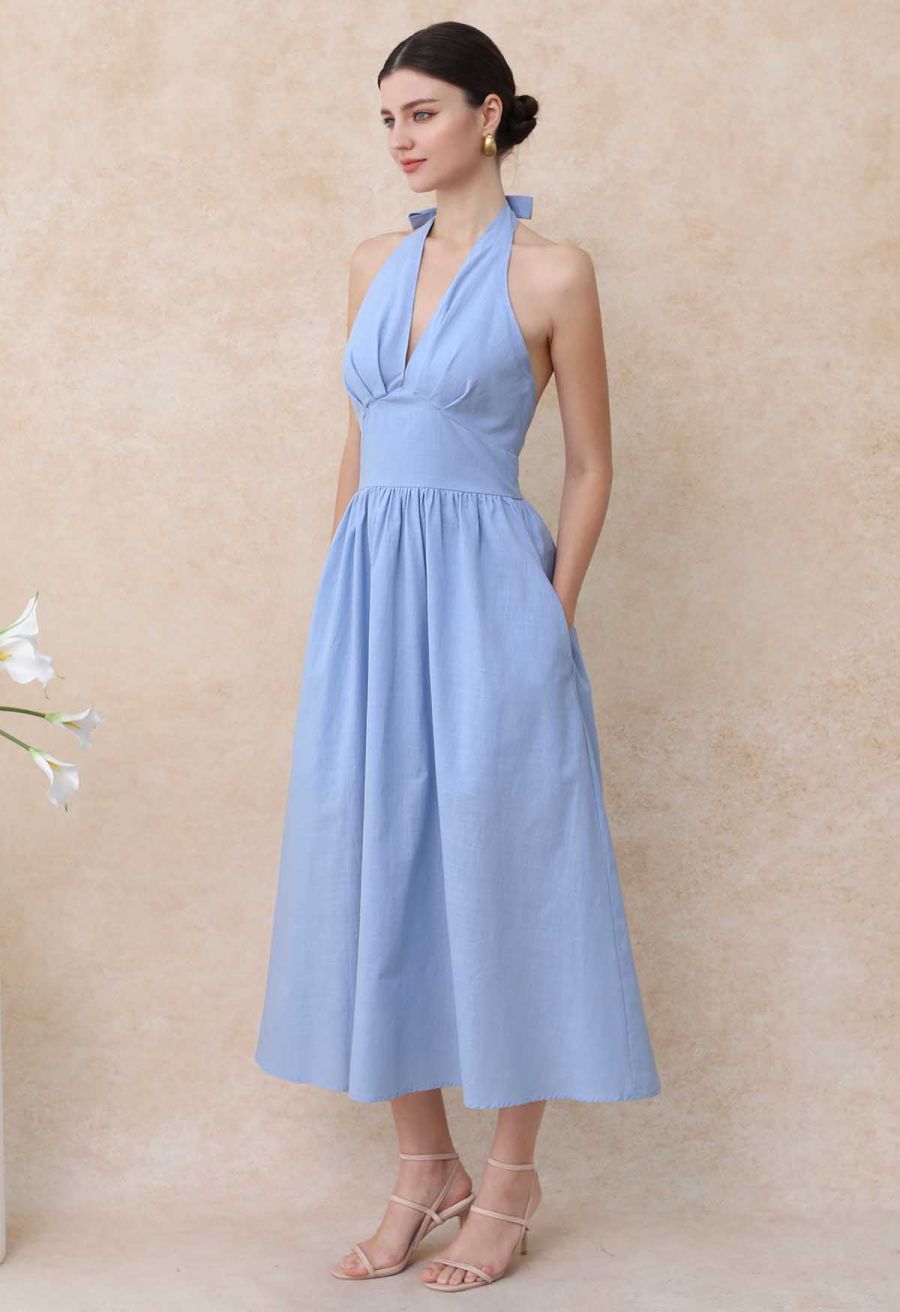 Vintage-Inspired Self-Tie Halter Neck Cotton Dress in Blue