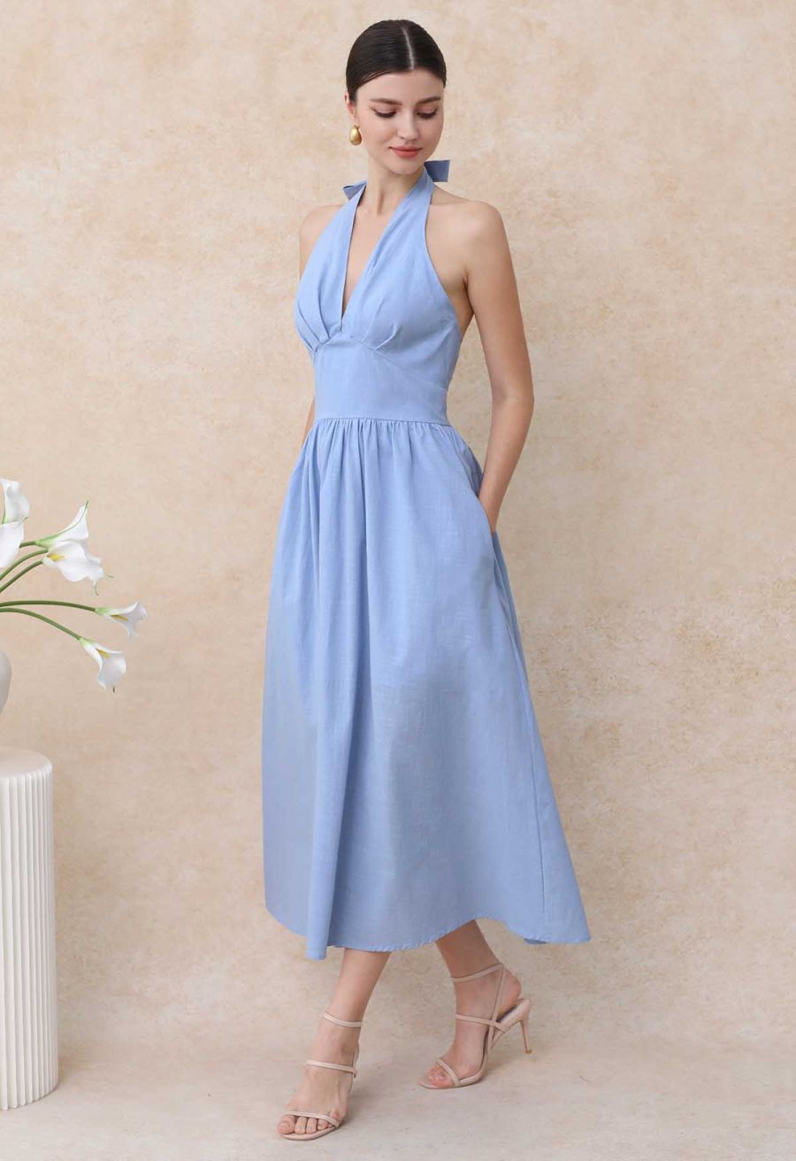 Vintage-Inspired Self-Tie Halter Neck Cotton Dress in Blue