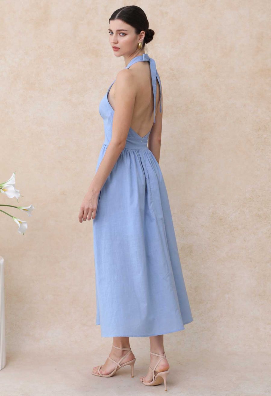 Vintage-Inspired Self-Tie Halter Neck Cotton Dress in Blue