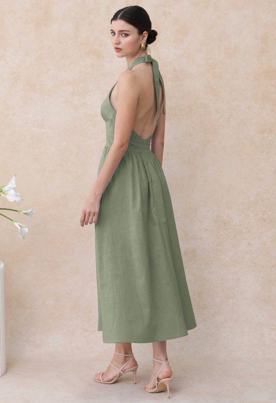 Vintage-Inspired Self-Tie Halter Neck Cotton Dress in Pistachio