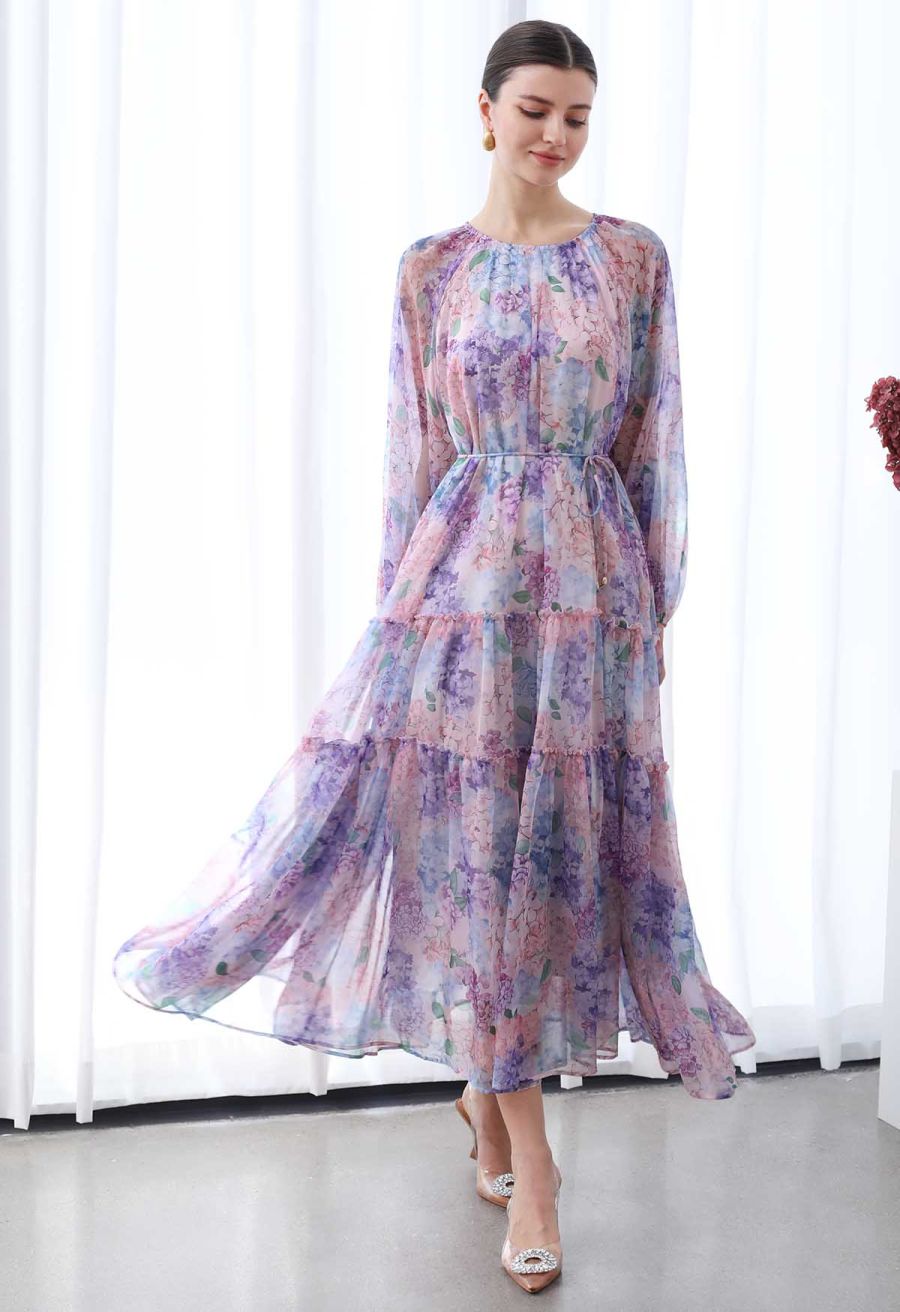 Hydrangea Printed Ruffle Lantern Sleeve Maxi Dress