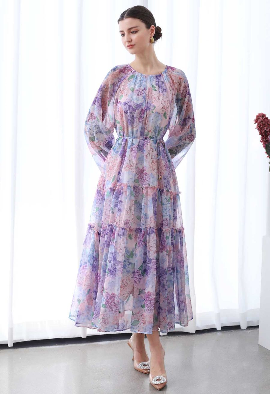 Hydrangea Printed Ruffle Lantern Sleeve Maxi Dress