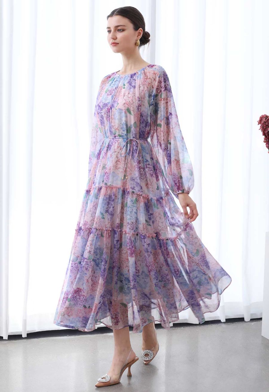 Hydrangea Printed Ruffle Lantern Sleeve Maxi Dress