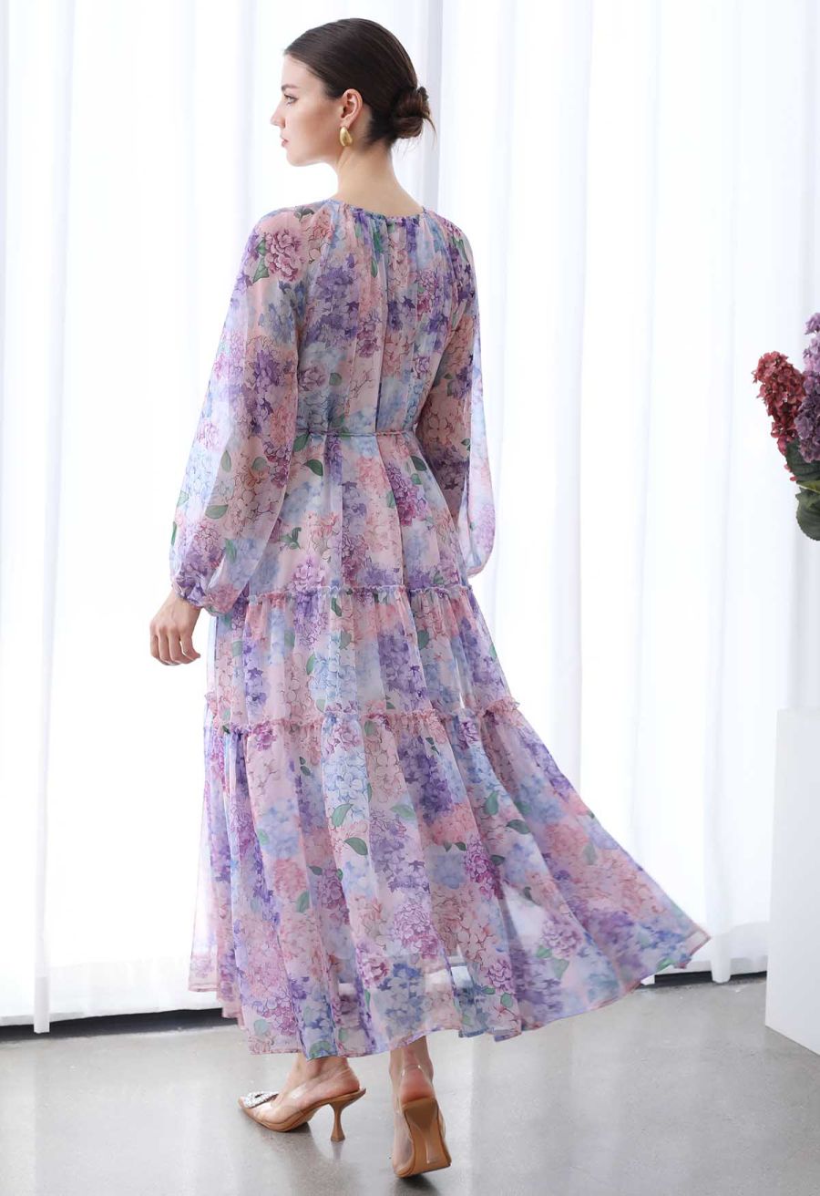 Hydrangea Printed Ruffle Lantern Sleeve Maxi Dress
