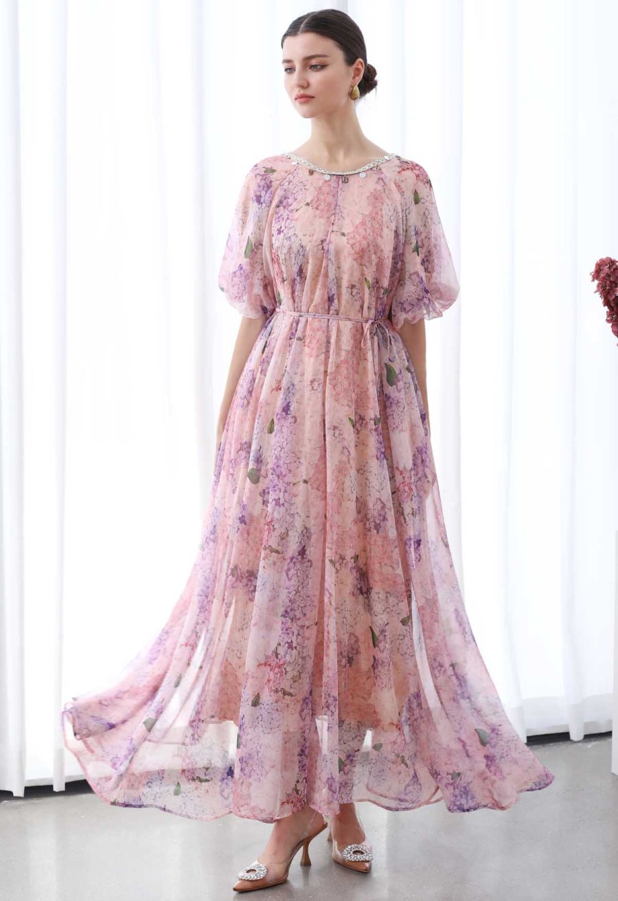 Hydrangea Printed Shell Pendant Neckline Maxi Dolly Dress