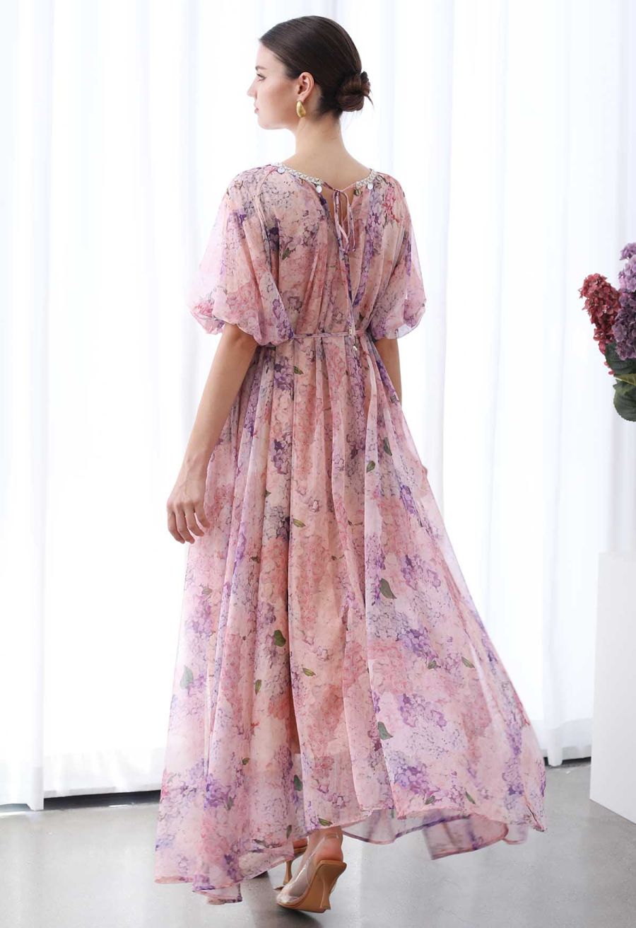 Hydrangea Printed Shell Pendant Neckline Maxi Dolly Dress
