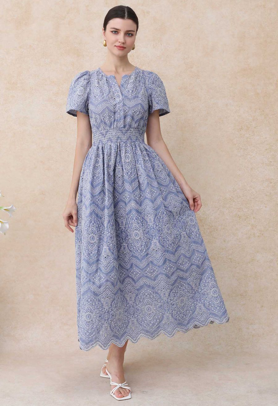 Blue Exotic Tile Embroidered Maxi Dress