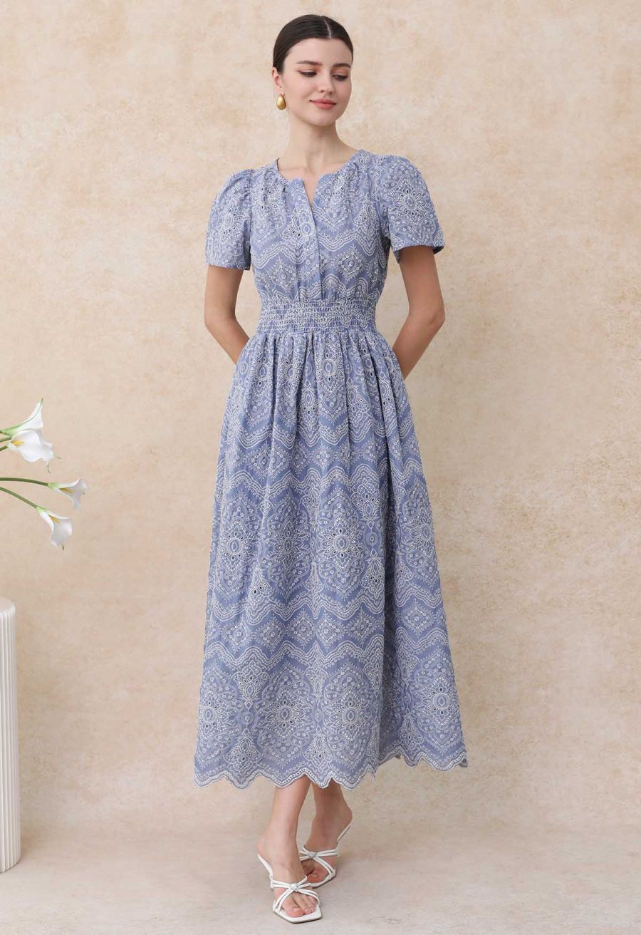 Blue Exotic Tile Embroidered Maxi Dress