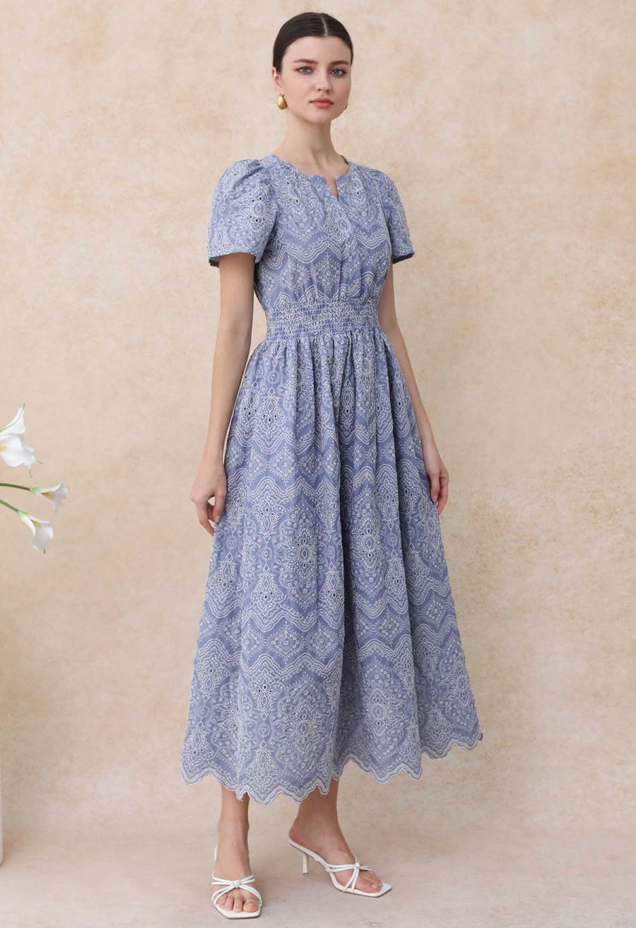 Blue Exotic Tile Embroidered Maxi Dress