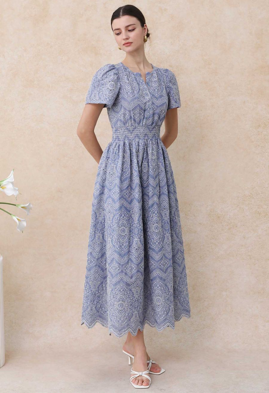 Blue Exotic Tile Embroidered Maxi Dress