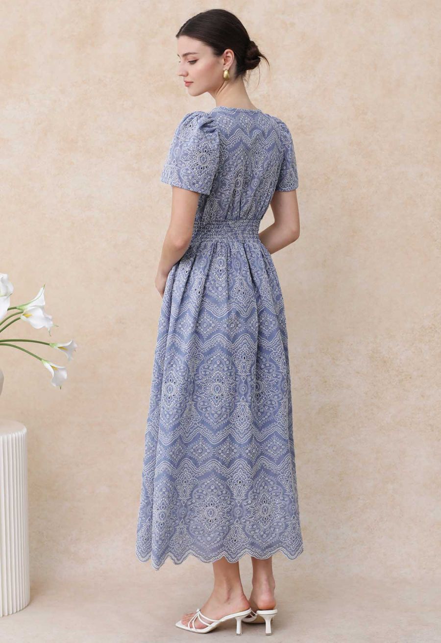 Blue Exotic Tile Embroidered Maxi Dress