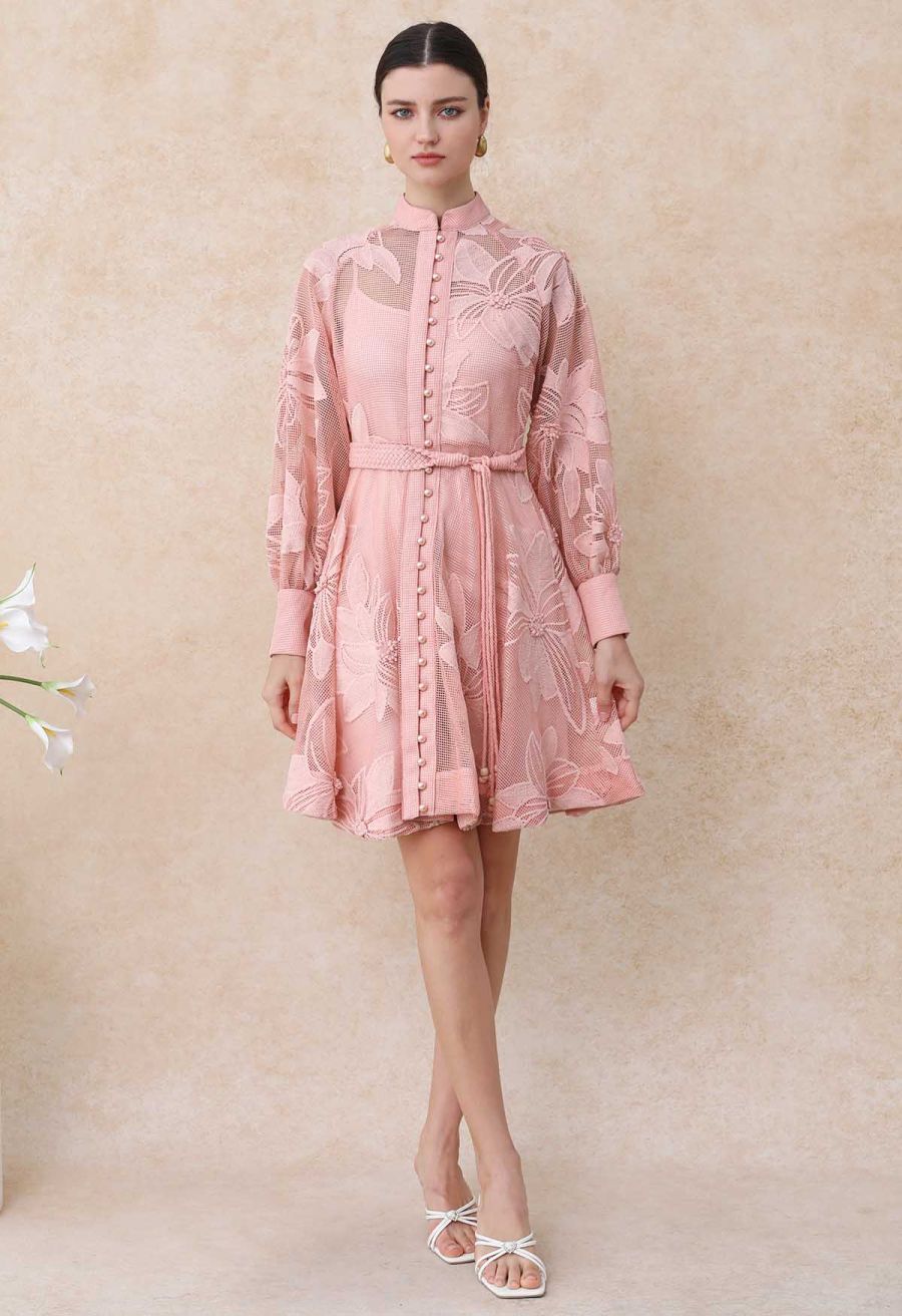 Embroidered Floral Belted Fishnet Midi Dress in Pink