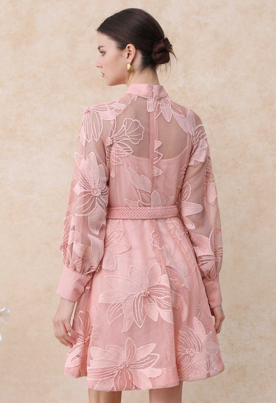 Embroidered Floral Belted Fishnet Midi Dress in Pink