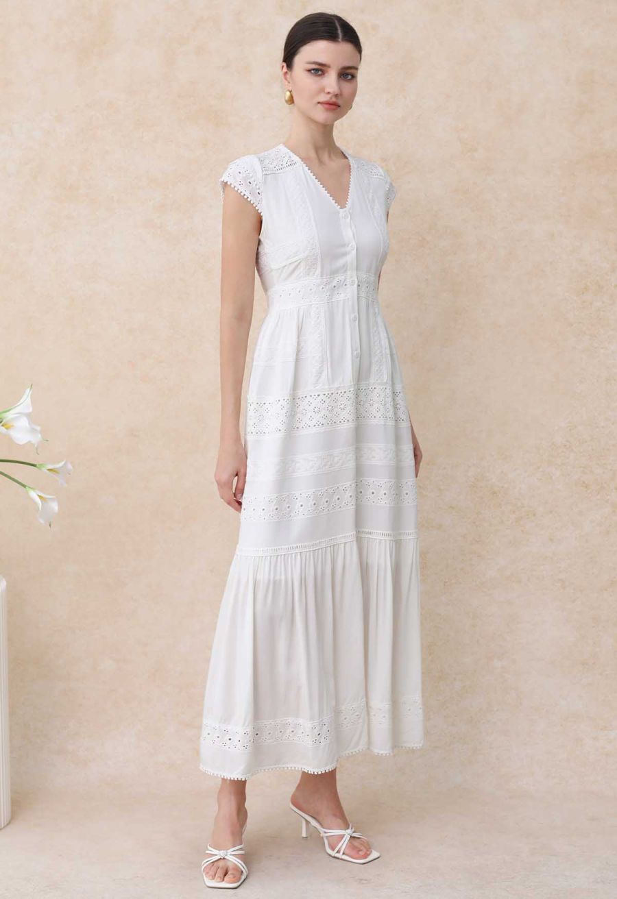 Eyelet Embroidery Panelled Button Down Dress