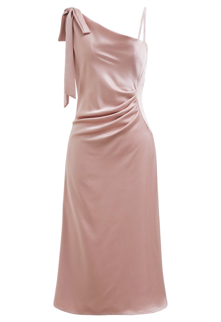 Asymmetric Bow-Tie Shoulder Ruched Waist Satin Dress in Pink