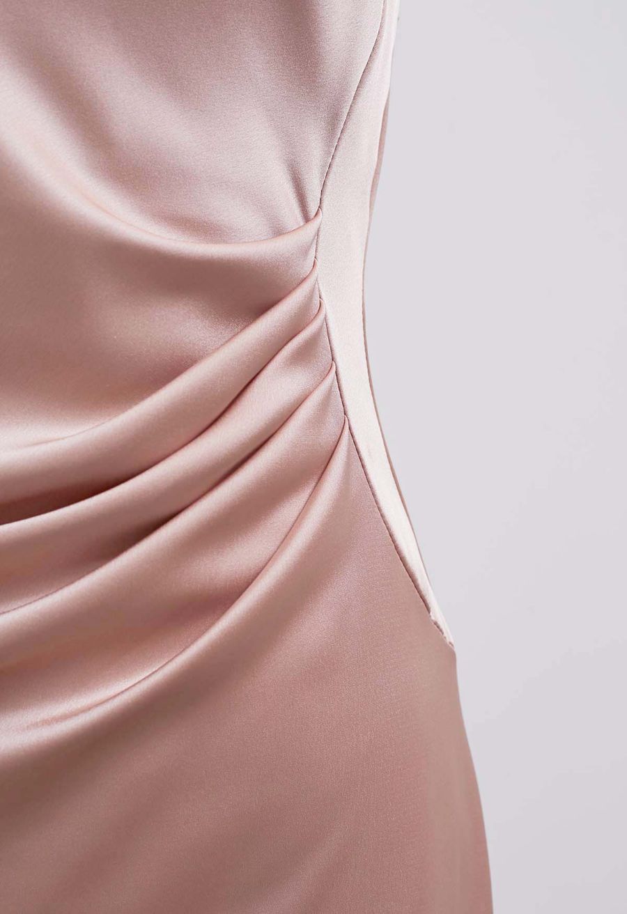 Asymmetric Bow-Tie Shoulder Ruched Waist Satin Dress in Pink