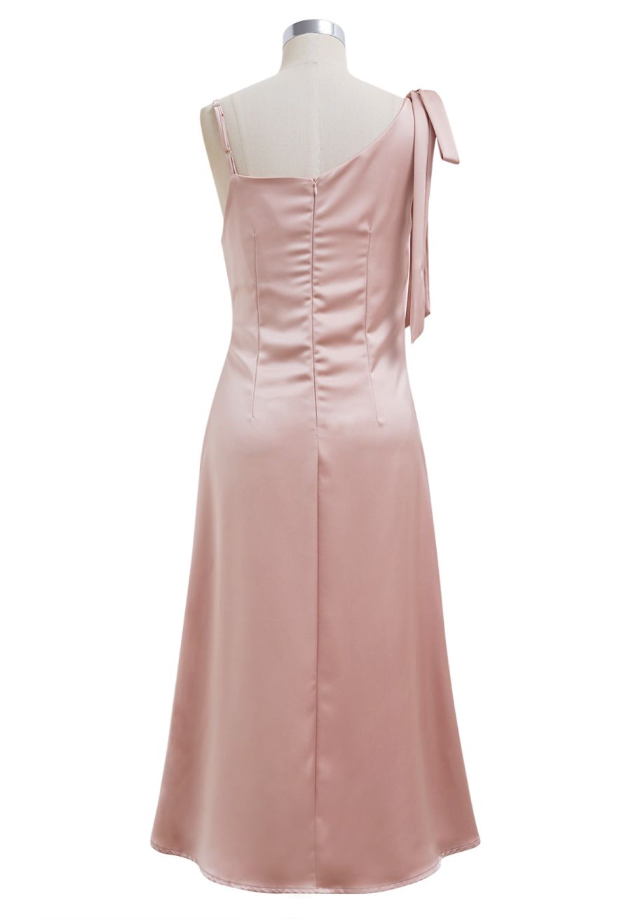 Asymmetric Bow-Tie Shoulder Ruched Waist Satin Dress in Pink
