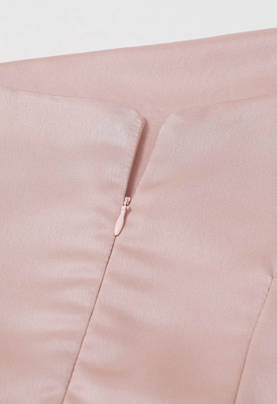 Asymmetric Bow-Tie Shoulder Ruched Waist Satin Dress in Pink