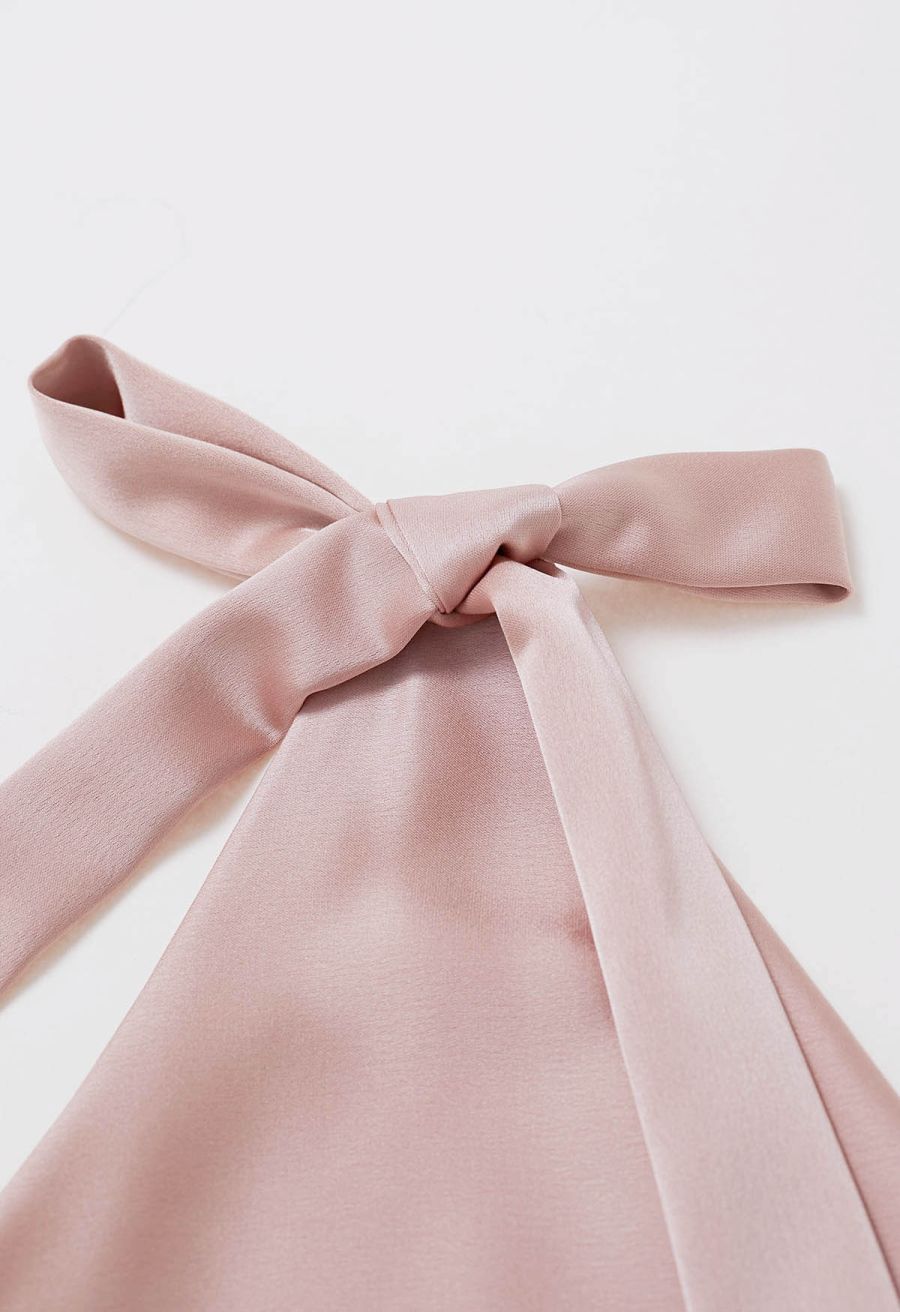 Asymmetric Bow-Tie Shoulder Ruched Waist Satin Dress in Pink