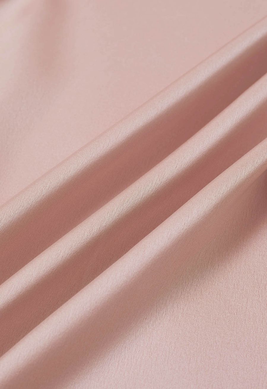 Asymmetric Bow-Tie Shoulder Ruched Waist Satin Dress in Pink