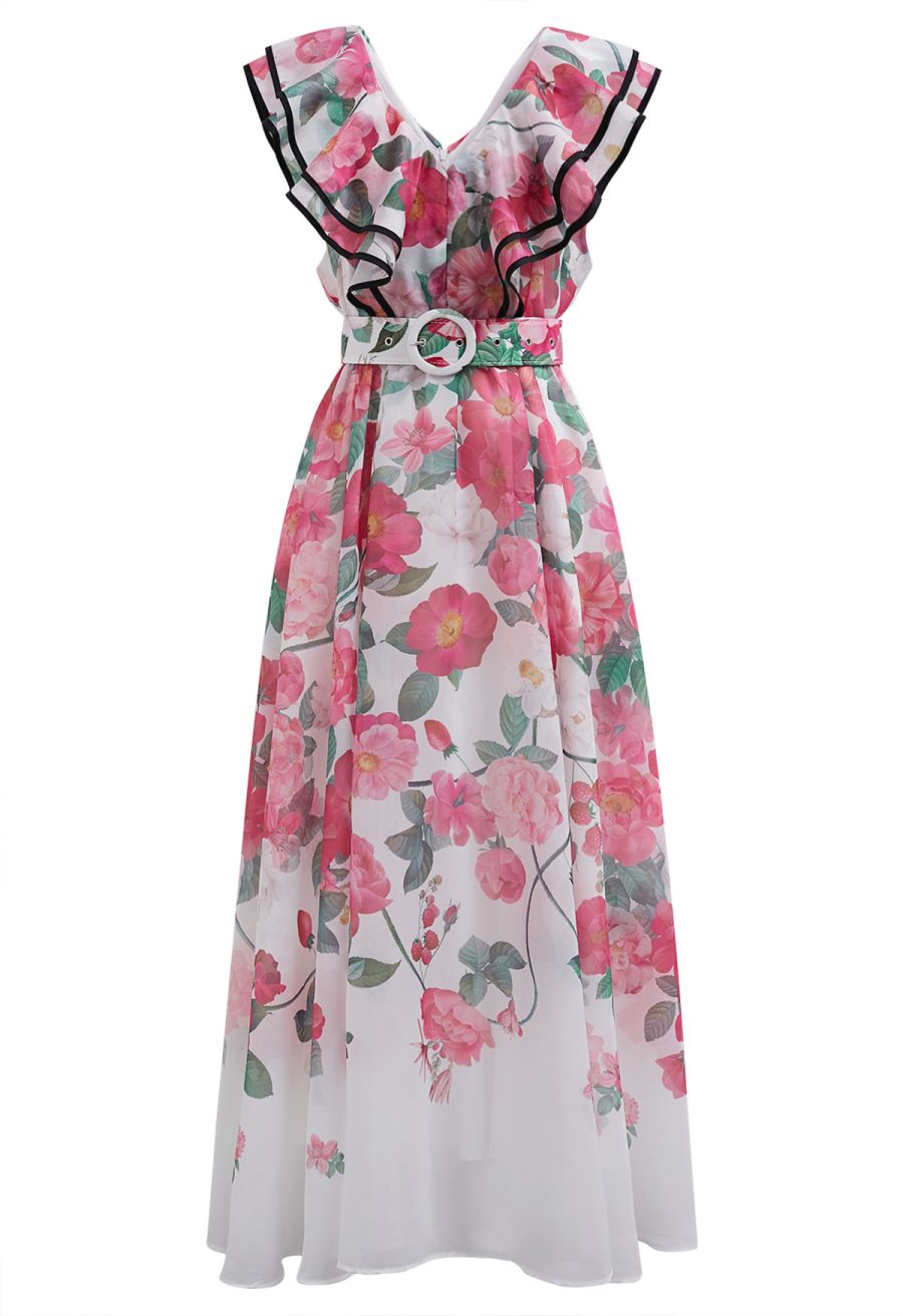 Blooming Floral Tiered Ruffle Belted Maxi Dress