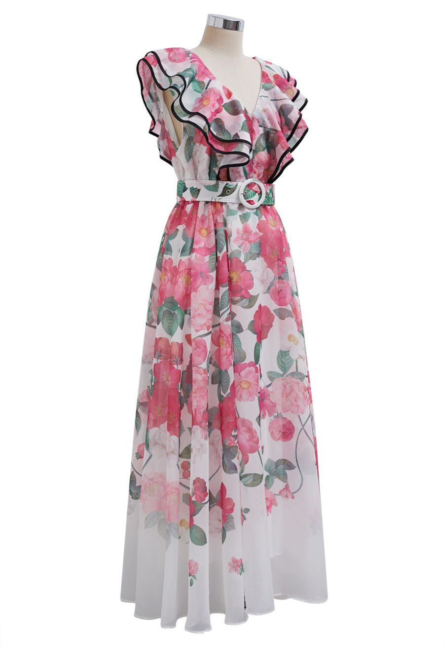 Blooming Floral Tiered Ruffle Belted Maxi Dress