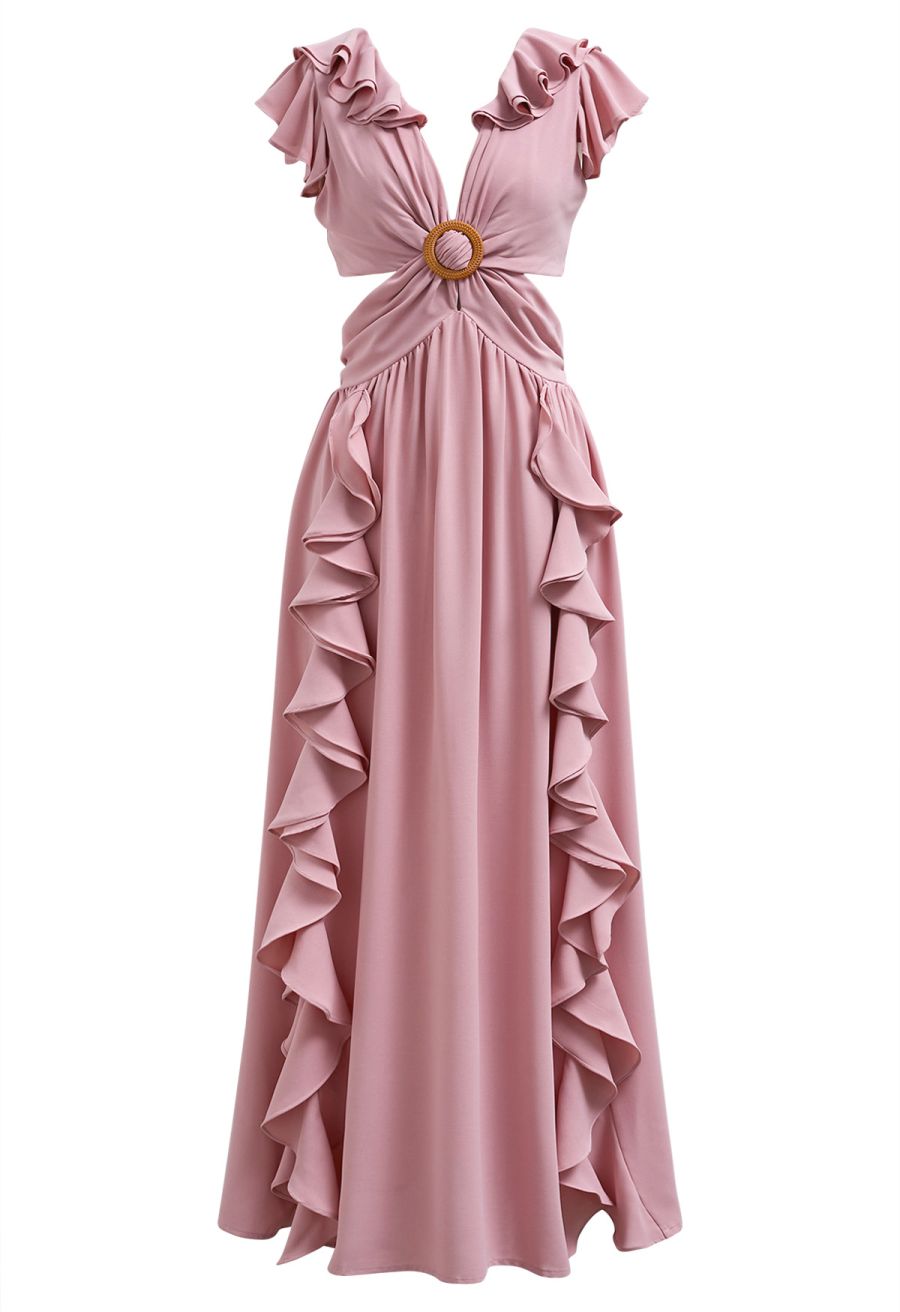 Cascade Ruffle O-Ring Tie-Back Maxi Dress in Pink