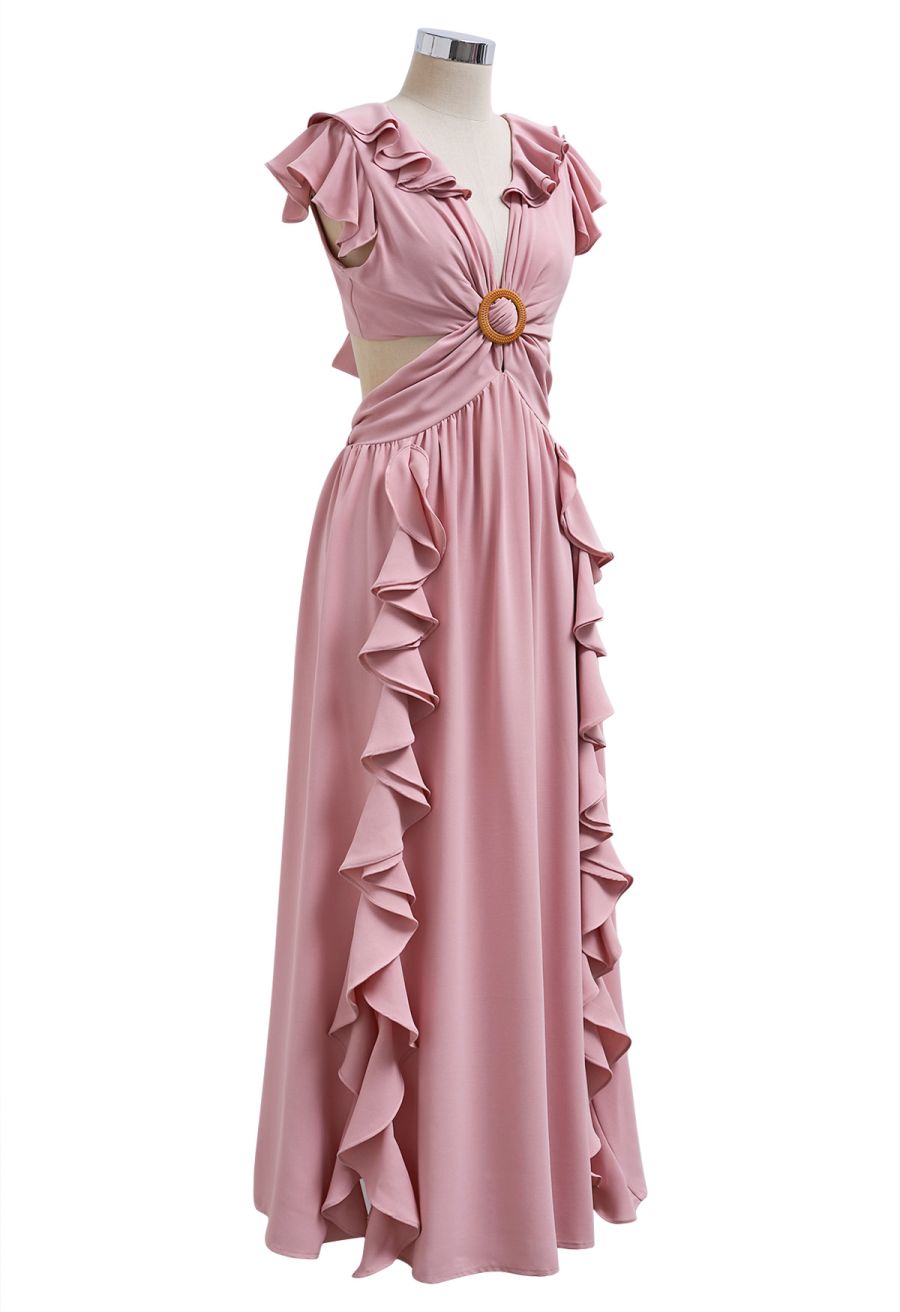 Cascade Ruffle O-Ring Tie-Back Maxi Dress in Pink