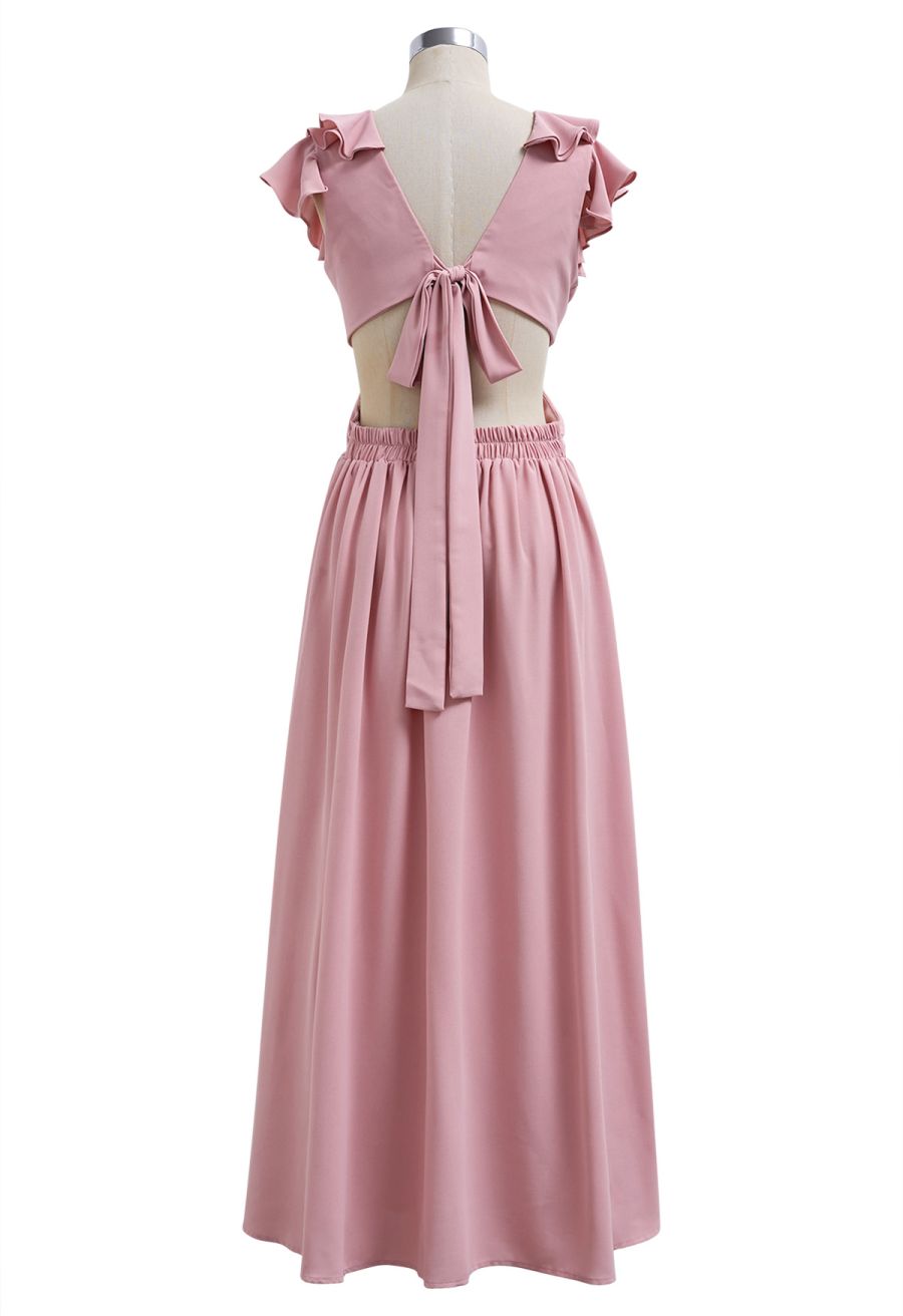 Cascade Ruffle O-Ring Tie-Back Maxi Dress in Pink