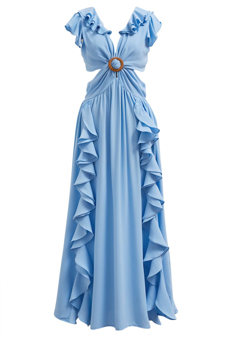Cascade Ruffle O-Ring Tie-Back Maxi Dress in Blue