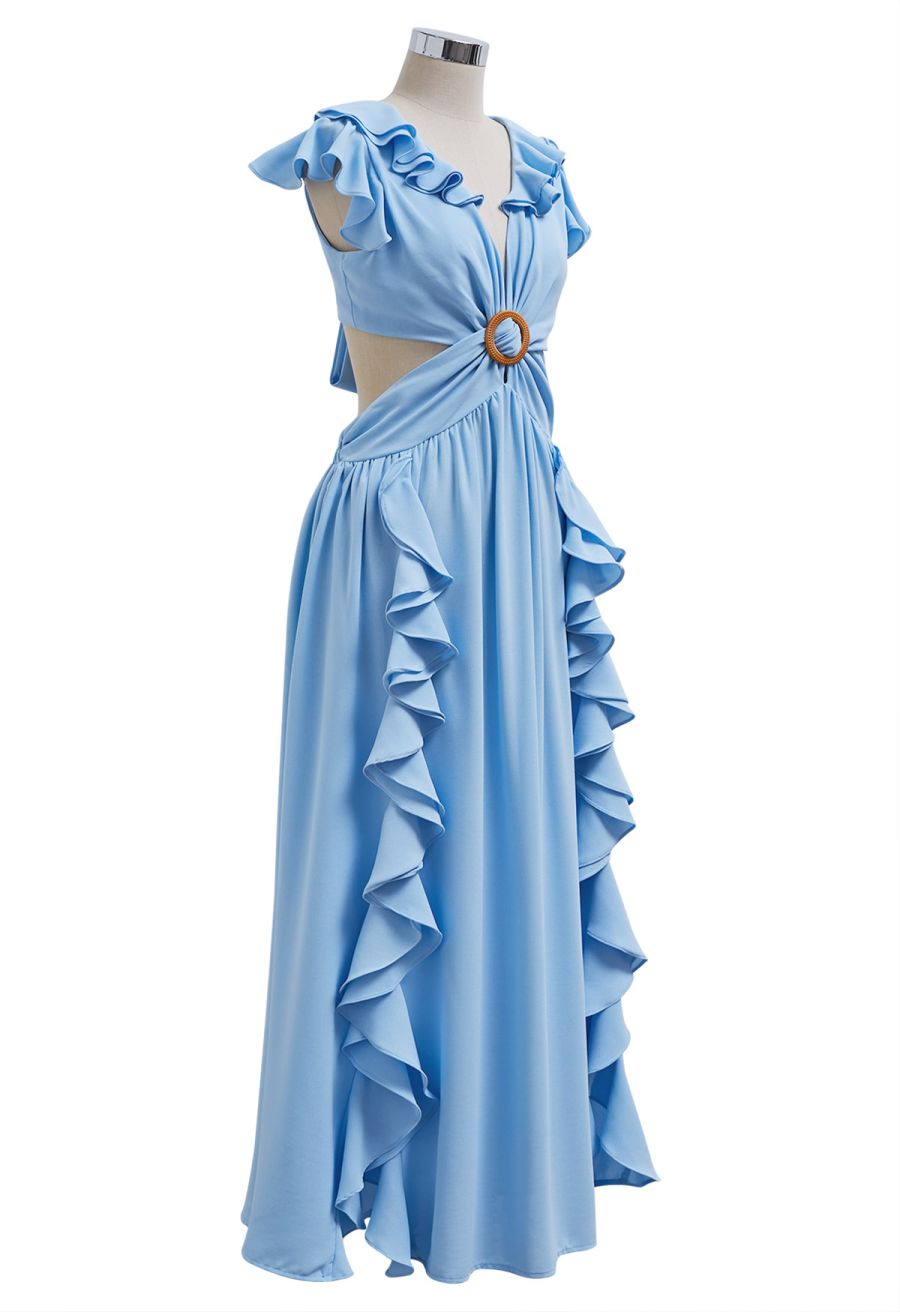 Cascade Ruffle O-Ring Tie-Back Maxi Dress in Blue