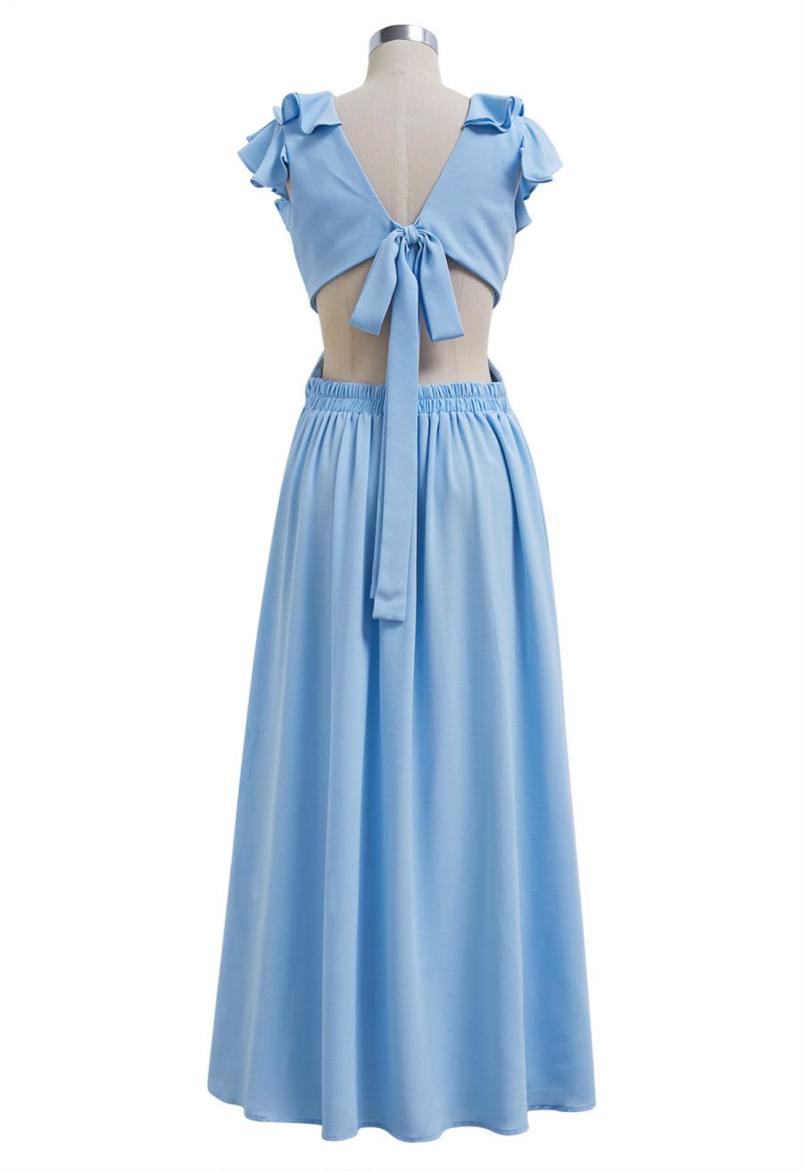 Cascade Ruffle O-Ring Tie-Back Maxi Dress in Blue