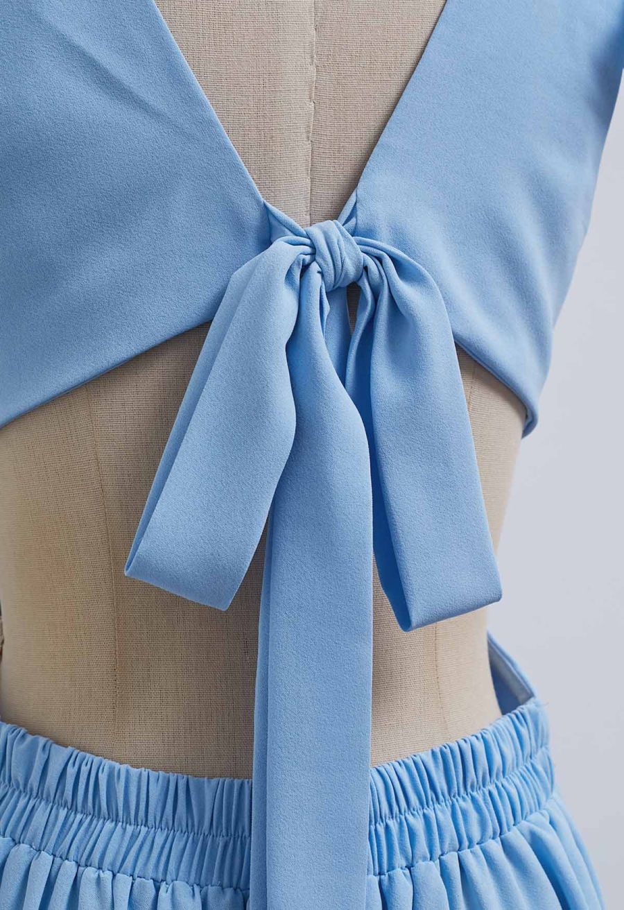 Cascade Ruffle O-Ring Tie-Back Maxi Dress in Blue