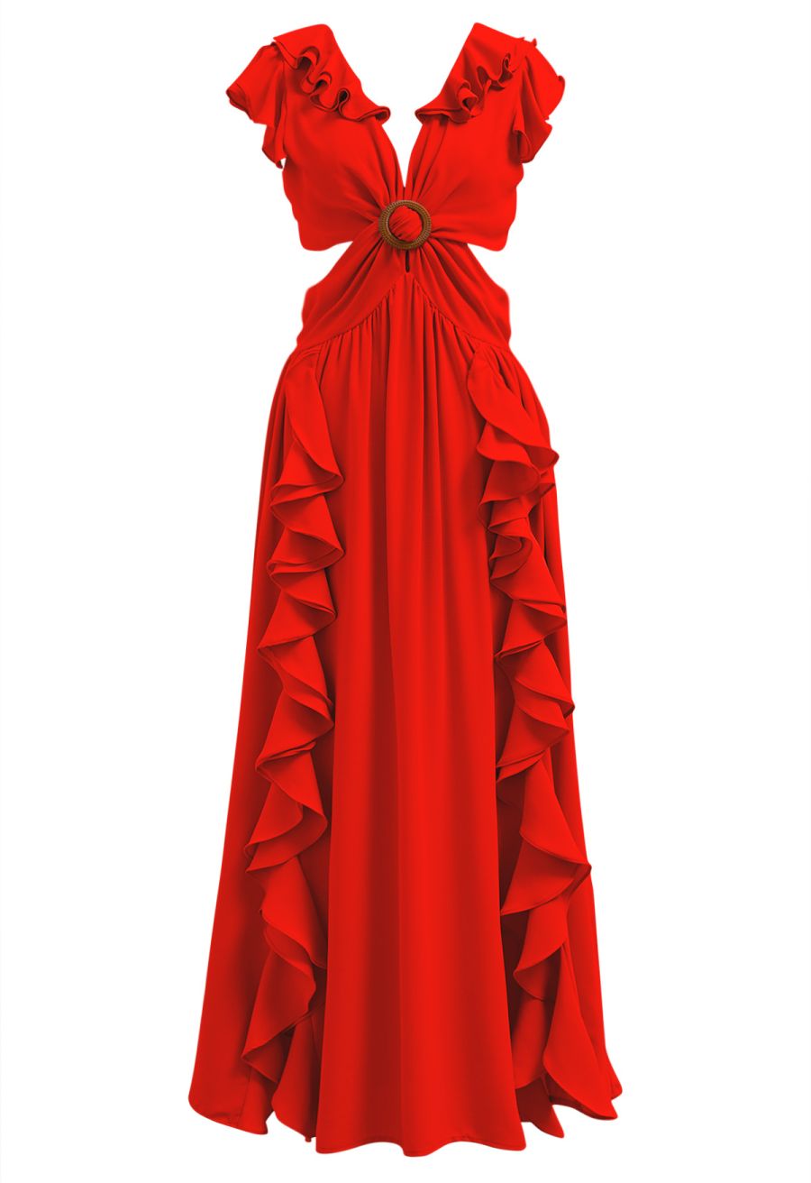 Cascade Ruffle O-Ring Tie-Back Maxi Dress in Red
