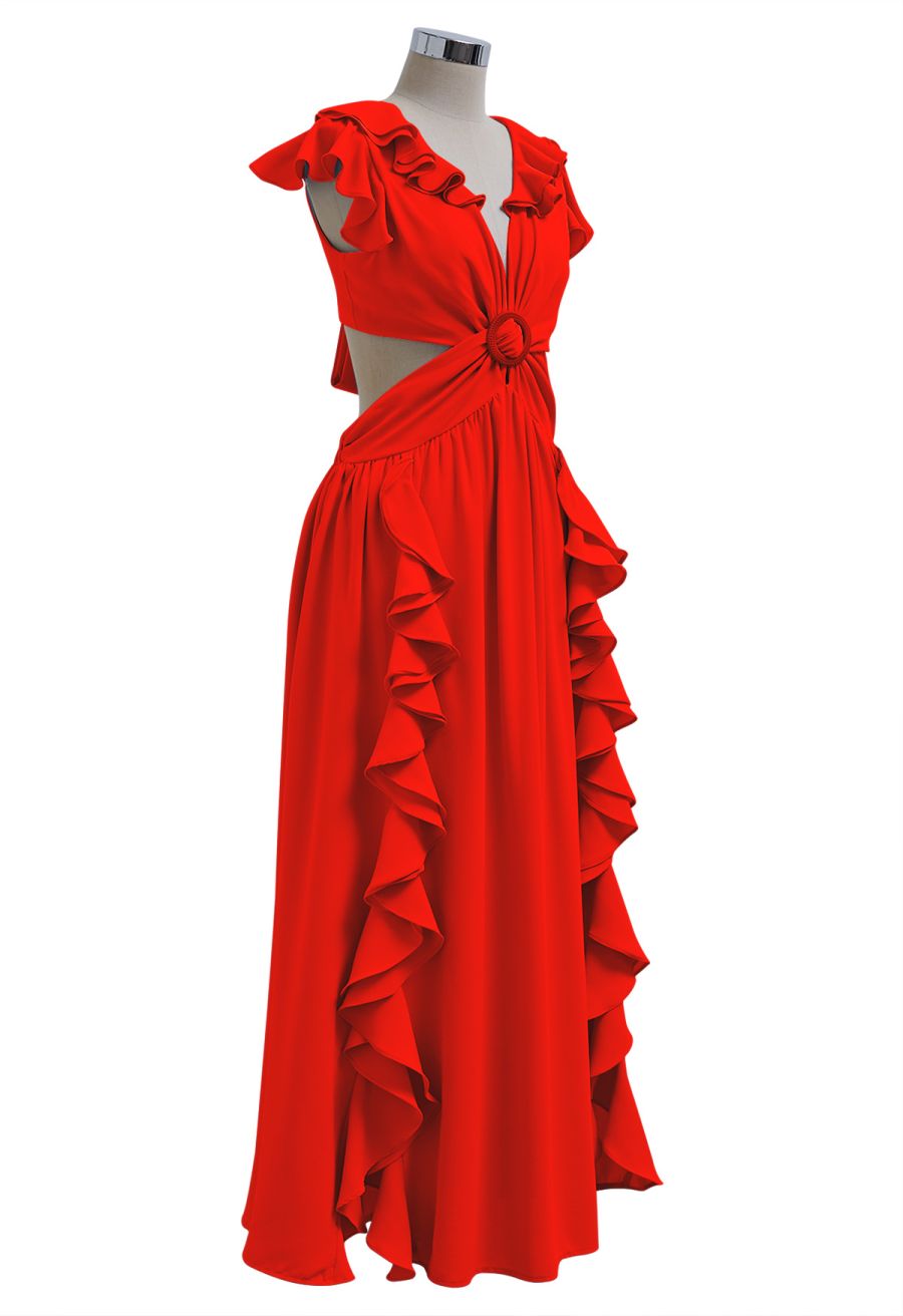 Cascade Ruffle O-Ring Tie-Back Maxi Dress in Red