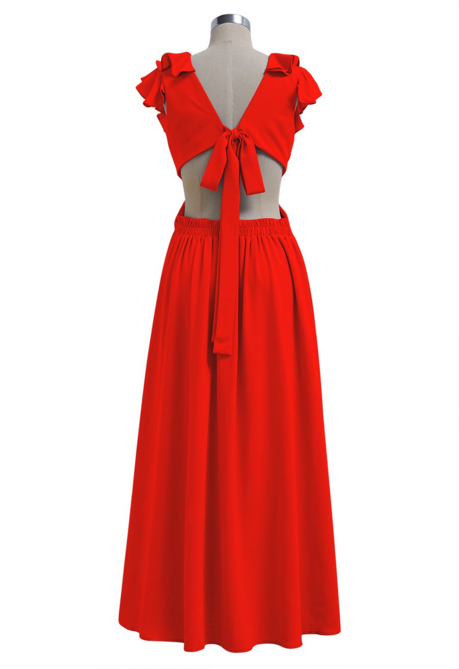 Cascade Ruffle O-Ring Tie-Back Maxi Dress in Red