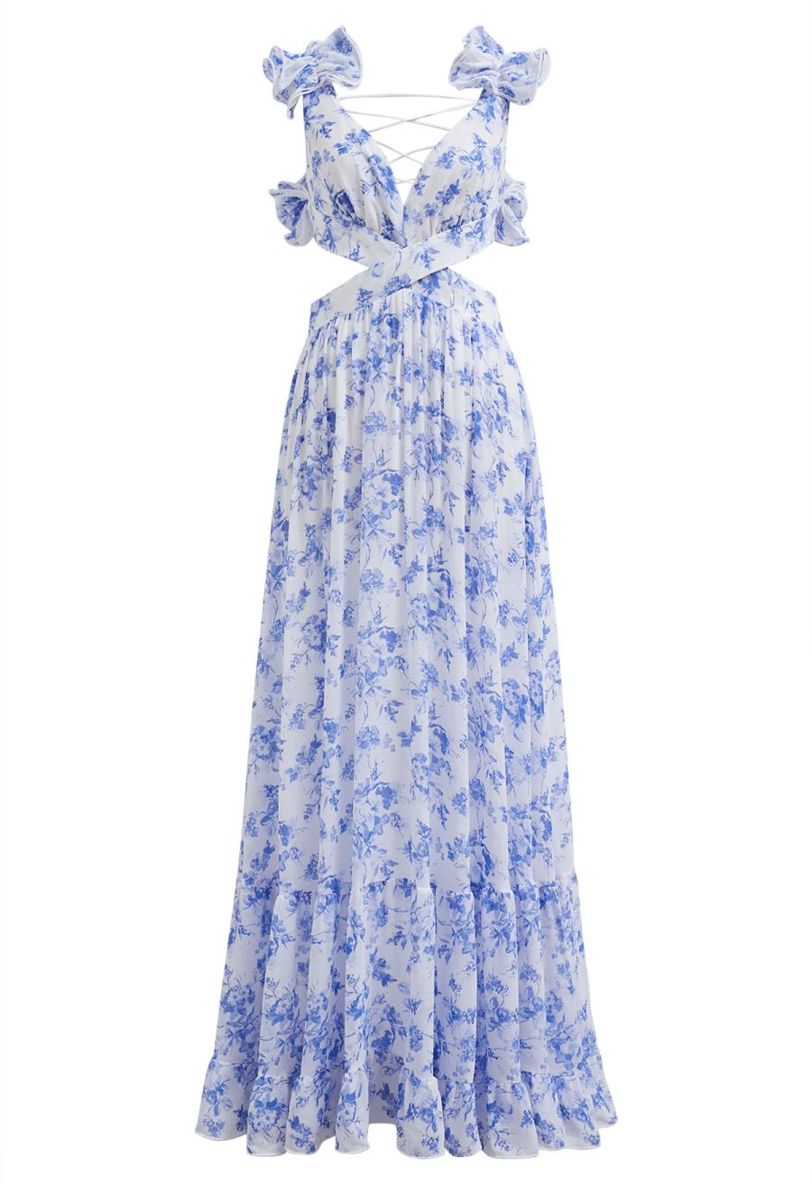 Floral Lace-Up Back Ruffle Cut Out Chiffon Gown