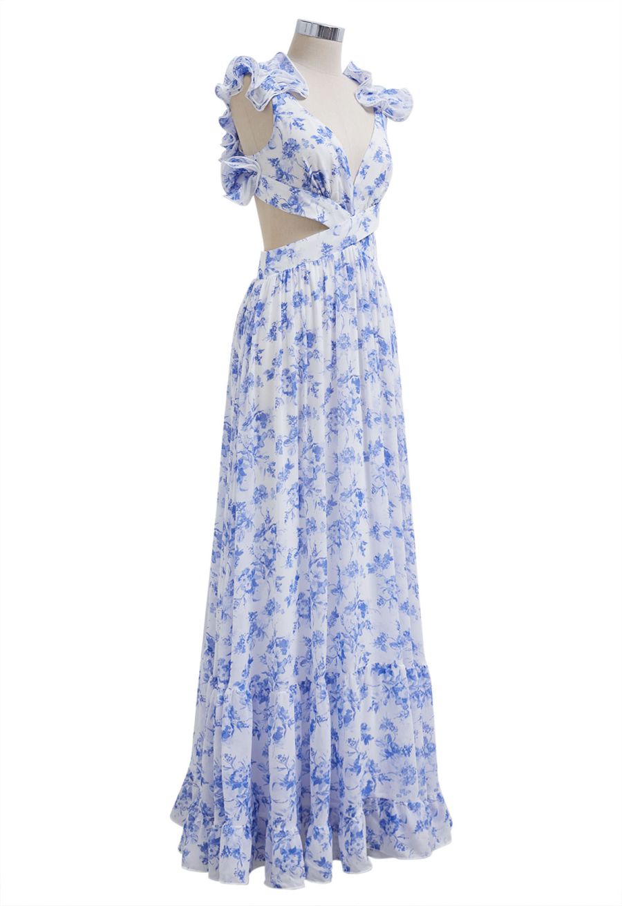 Floral Lace-Up Back Ruffle Cut Out Chiffon Gown