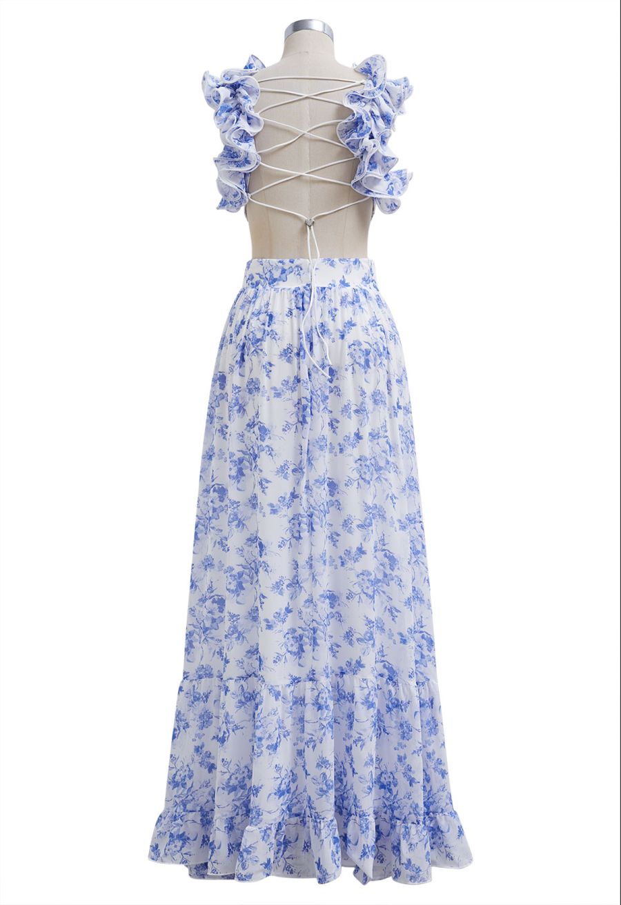 Floral Lace-Up Back Ruffle Cut Out Chiffon Gown